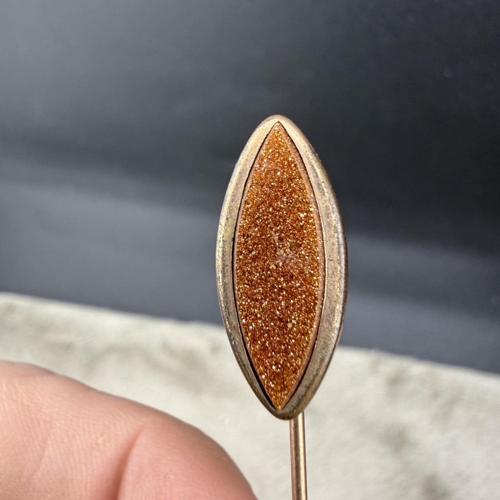 Vintage Estate Stick Pin Gold Goldstone Marquise Sparkle 2.5 Inch